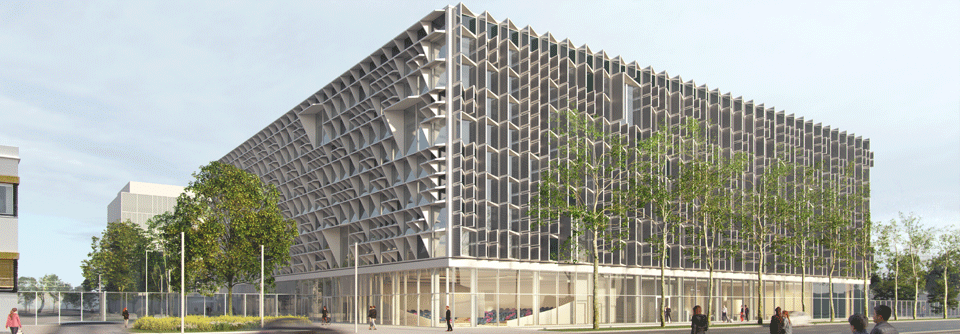 Blick auf das zukünftige Forschungszentrum TSC von der Frankfurter Straße, Darmstadt.