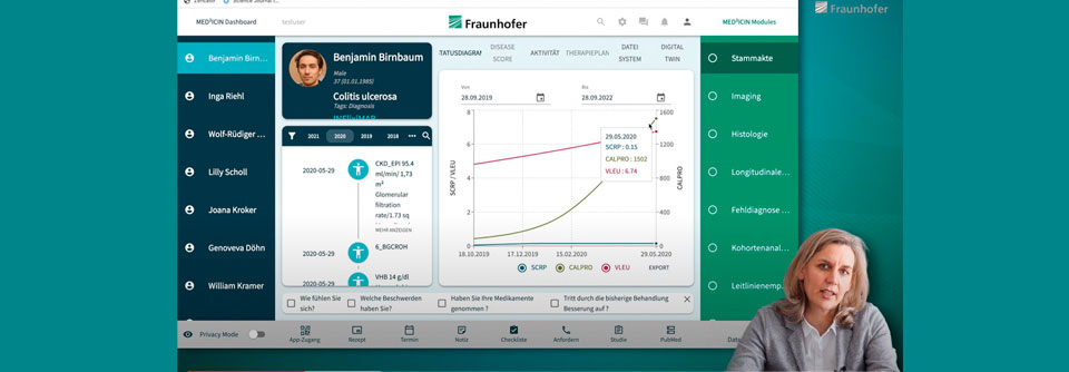 Die Gastroenterologin PD Dr. Irina Blumenstein berichtet in einem Video von ihren Erfahrungen mit dem Fraunhofer-Projekt MED²ICIN am Frankfurter Universitätsklinikum und stellt die Funktionen der Software vor.