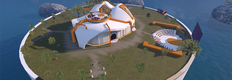 Die MTX Future World im Metaverse: 
Eine Insel mit Veranstaltungszentrum und Freilichtbühne, die ebenso als virtueller Veranstaltungsort für den MTX-Vortrag am 29.11.2023 um 19 Uhr dient.