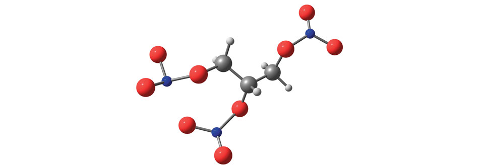 Nitroglyzerin, hier als Molekül dargestellt, verträgt sich wohl schlecht mit PDE-5-Hemmern.
