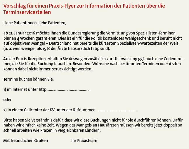 Vorschlag für einen Praxis-Flyer zur Information der Patienten über die ­Terminservicestellen