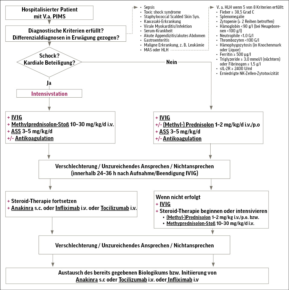 Abb. 1:  Therapeutischer Algorithmus für Patienten mit PIMS/MIS-C (5)