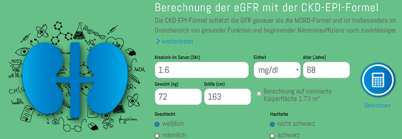 Die Formel nach der Chronic Kidney Disease Epidemiology Collaboration (CKD-EPI) berücksichtigt die Einflussgrößen Hautfarbe, Geschlecht und Kreatinin.