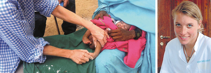 Während Dr. Katja von dem Busche, Charité-Universitätsmedizin Berlin (rechts), das Baby untersucht, schreibt ein aufmerksamer Mitarbeiter alles mit. Rund 250 Kinder kommen in Eritrea jährlich mit einem Klumpfuß zur Welt.