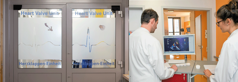 Links: Hinter diesen Türen widmen sich die Kollegen speziell den Herzklappen. Rechts: Dank moderner Technik lassen sich sämtliche Befunde direkt am Bett abrufen.