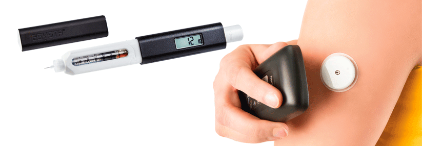 Spritzentechnologie: Die Insulintherapie wird immer digitaler Smart-Pens (links) übertragen automatisch und drahtlos die zuletzt gespritzte Insulinmenge mit Datum und Uhrzeit an ein digitales Tagebuch. Beim Flash-Glukose-Messsystem (rechts) muss der Sensor alle zwei Wochen ausgetauscht werden. Der Patient kann ihn selbst ins Unterhautfettgewebe stechen.
