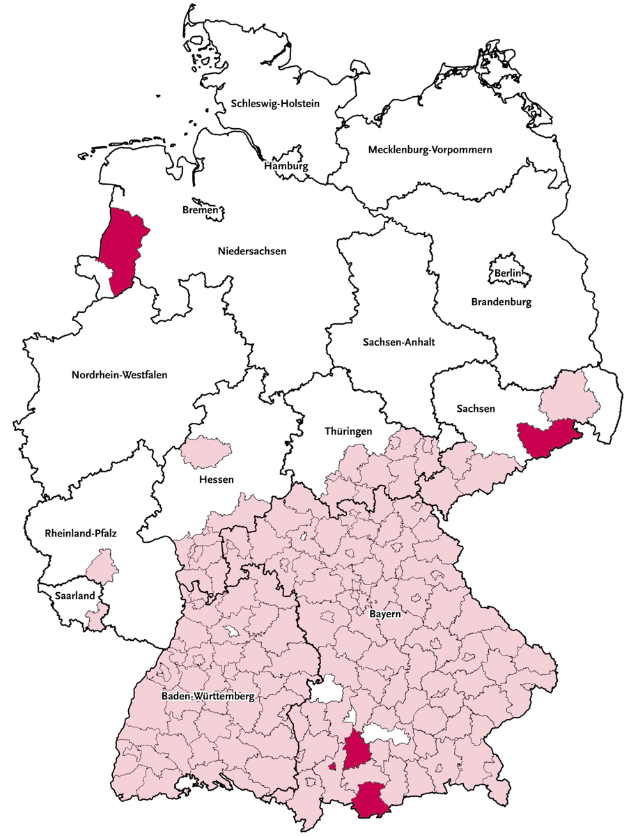 Die FSME-Risikogebiete in Deutschland. Landkreise, die 2019 erstmals als Risikogebiet ausgewiesen wurden, sind dunkelrot dar­gestellt. 