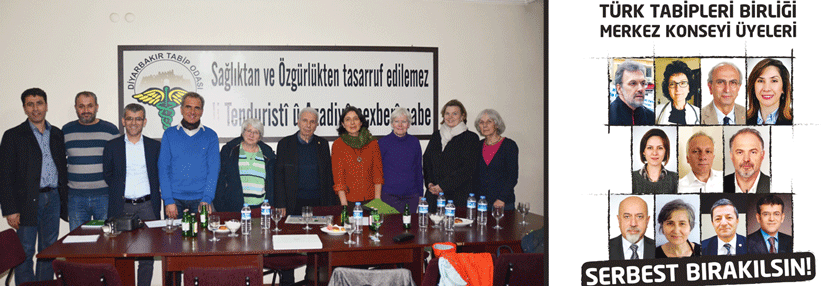 Auf der Illustration (rechts) fordert der Türkische Ärzteverband TTB (Türk Tabipleri Birliği) die sofortige Freilassung der elf festgenommenen Spitzenvertreter des Verbandes. Links: Dr. Gisela Penteker (Mitte) 2016 bei der Ärztekammer Diyarbakir.