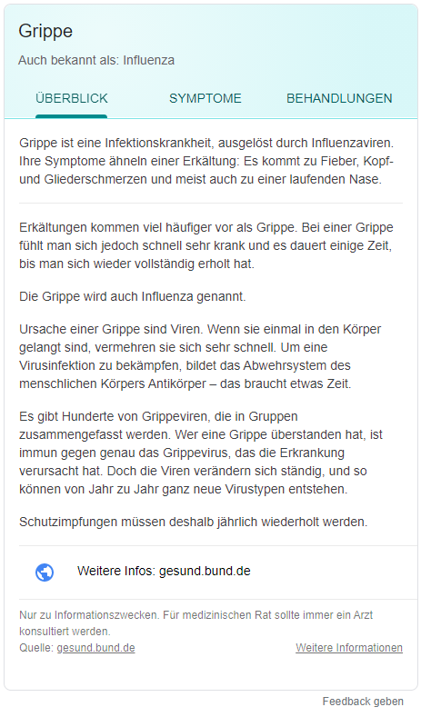 Das sogenanntes Knowledge Panel zum Suchbegriff „Influenza“ verweist auf das Informationsportal des BMG.