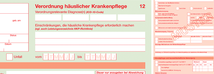 Das neu gestaltete Verordnungsformular „Muster 12“ gilt ab 1.Oktober 2017. Es umfasst Ausfertigungen für die Krankenkasse, den Pflegedienst und den Vertragsarzt.