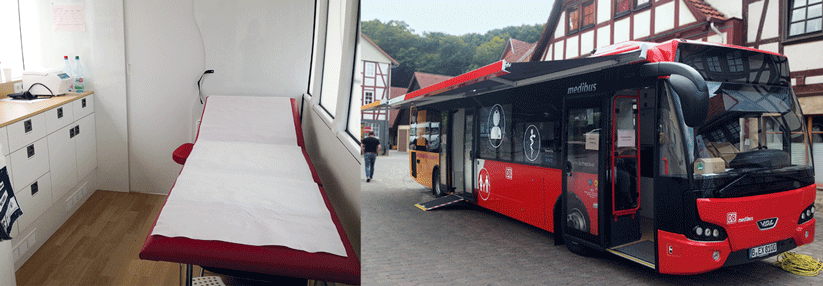 Sechs nordhessische Gemeinden fährt der Medibus der KV Hessen an. Meistens steht er zentral im Ort, wie hier in Nentershausen. Innen gleicht der umgebaute Bus einer Arztpraxis.