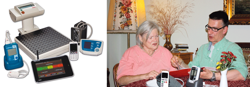 Links: Die Geräte für die Messung daheim. Rechts: Eine Pflegekraft der Charité erklärt einer Patientin die Gerätenutzung.