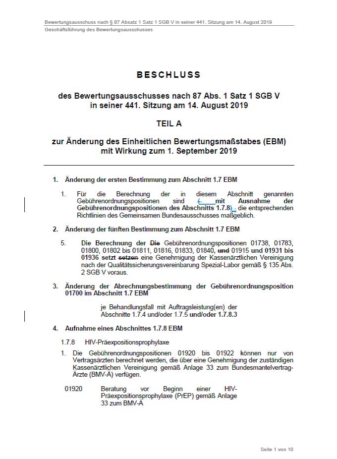 Auszug des Beschlusses des Bewertungsausschusses zur HIV-Präexpositionsprophylaxe als PDF-Datei zum Download.