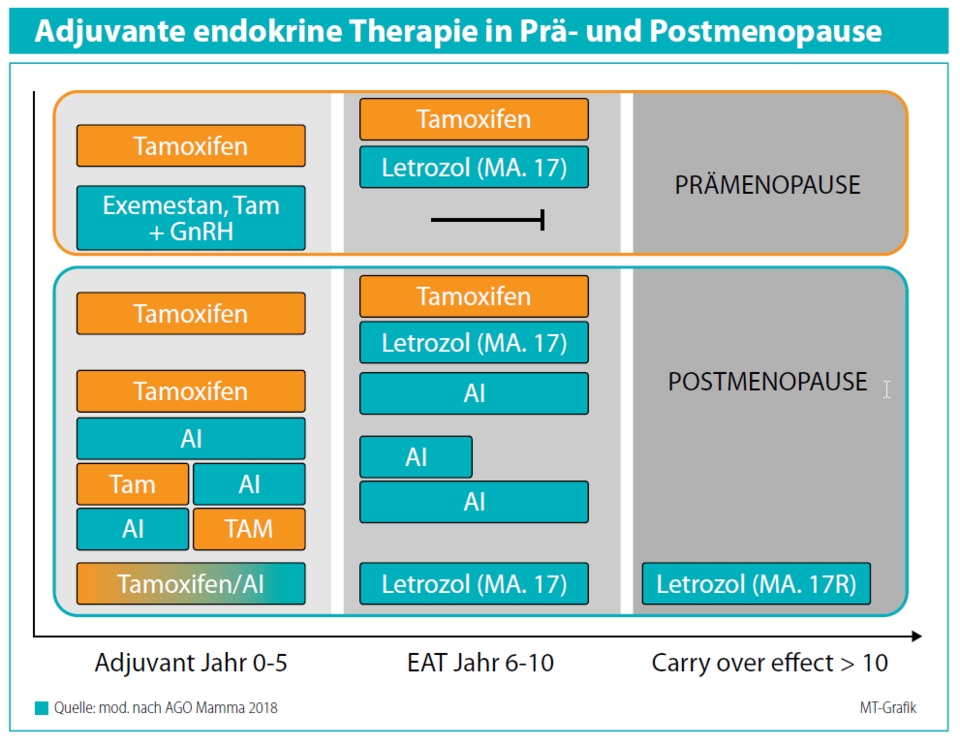 Therapiealgorithmus der AGO Mamma für die adjuvante endokrine Therapie in der Prä- und Postmenopause.