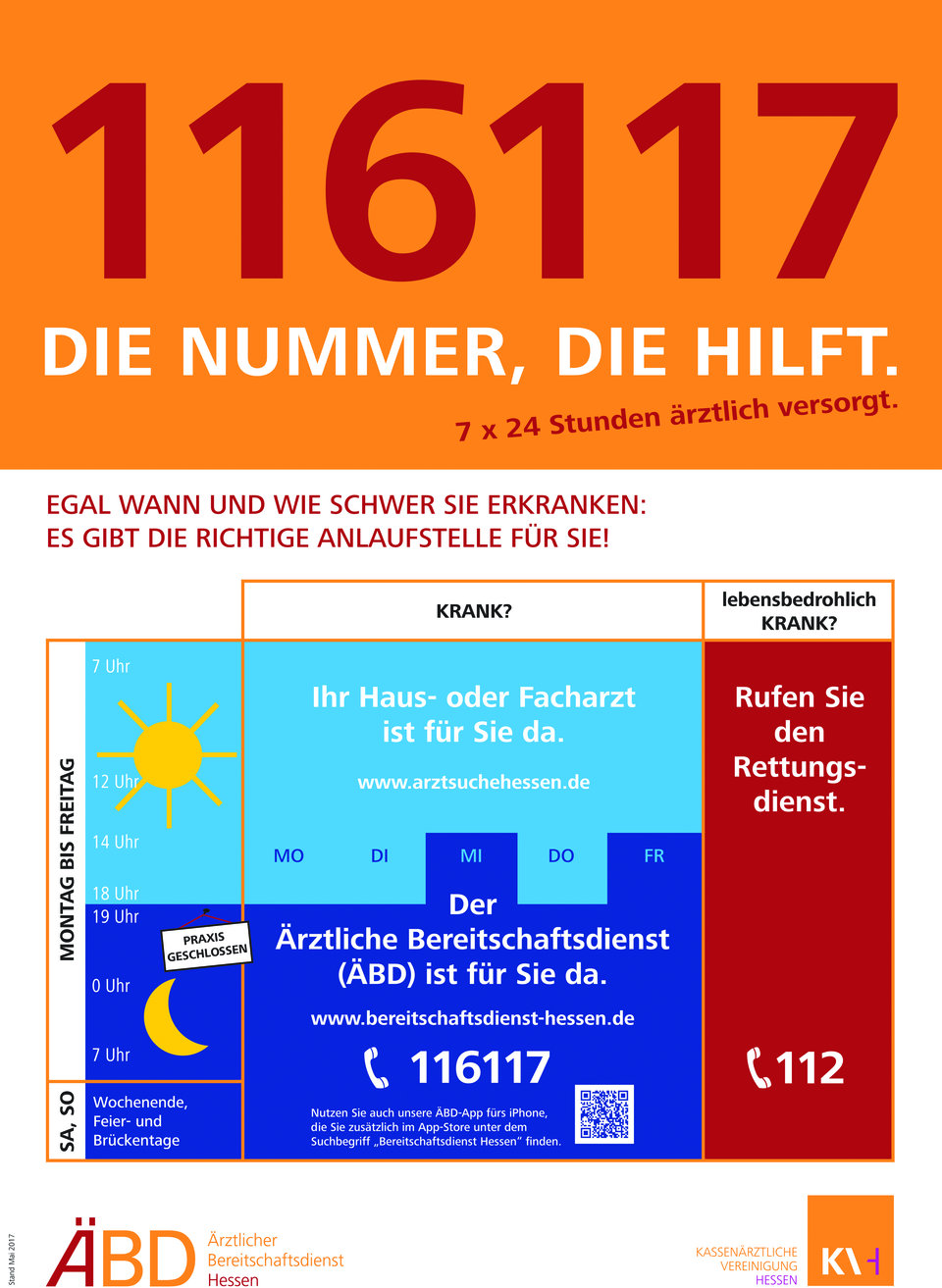 Die Nummer des Bereitschaftsdienstes muss in der Bevölkerung bekannter werden. Die KV Hessen informiert u.a. mit einem Wartezimmerplakat und einer App.