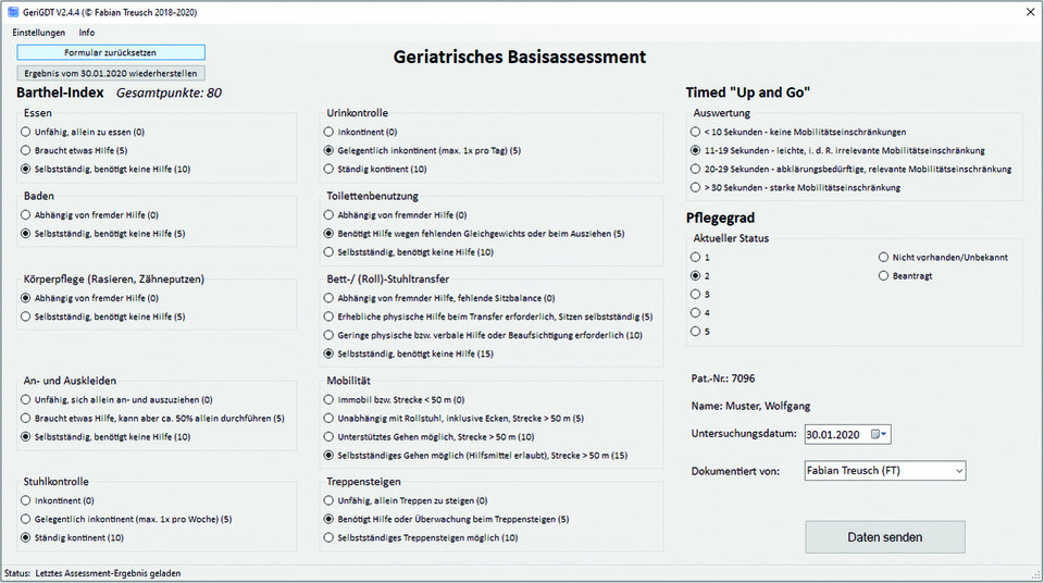 Eingabemaske für das Geriatrische Basisassessment in der Hausarztpraxis.