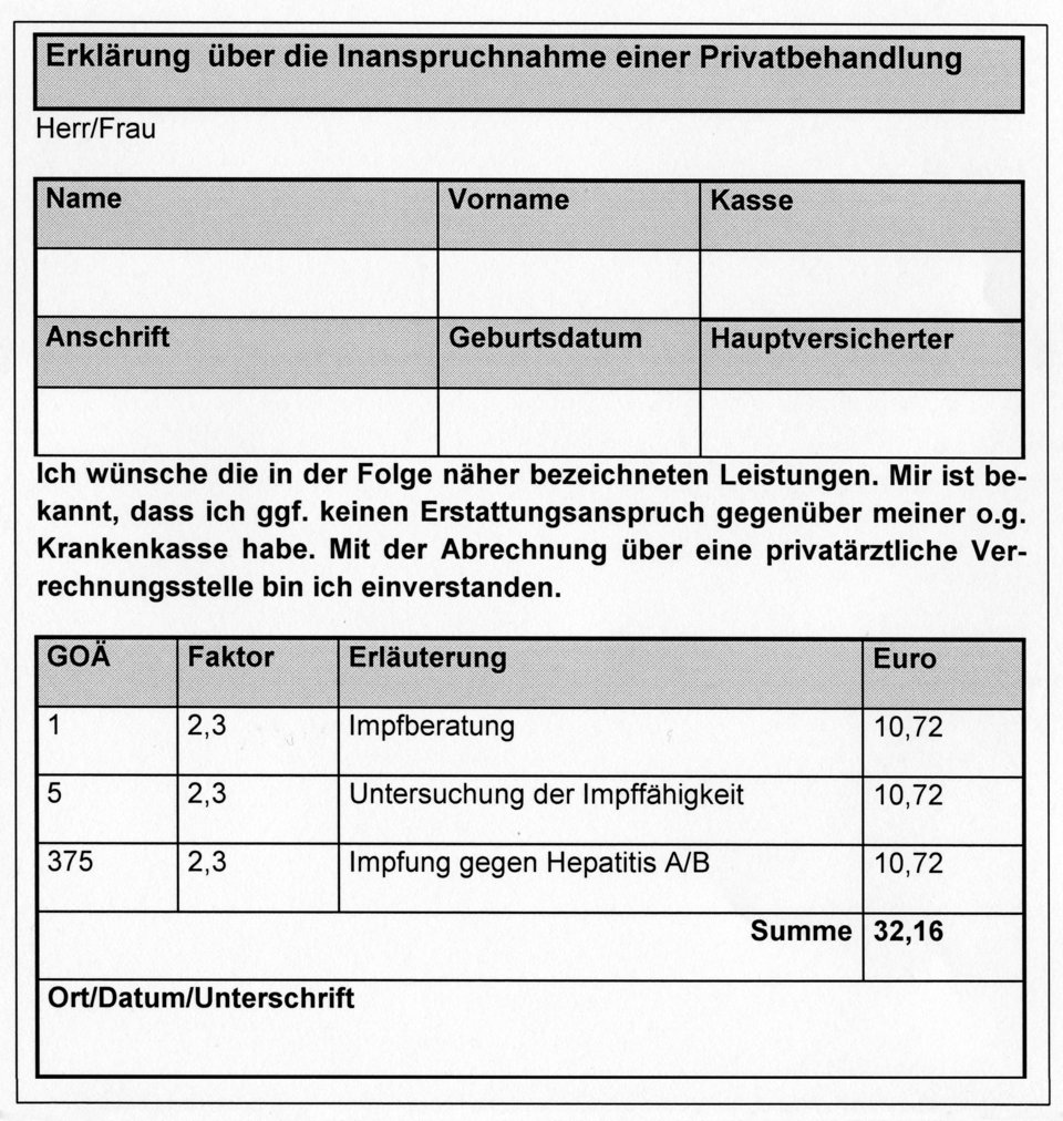 So könnte der „Kostenvoranschlag für eine reisemedizinische Beratung mit Untersuchung der Impffähigkeit und Applikation der Impfung aussehen. 