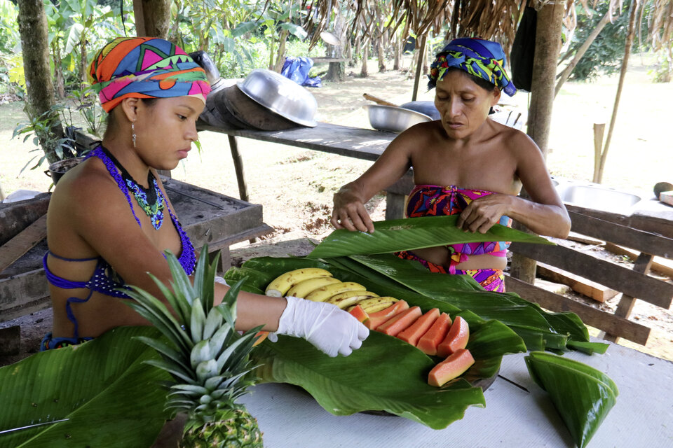 Abb. 5: Ein Snack für die Besucher:innen: Bananen und Papayas werden auf einem Bananenblatt serviert.