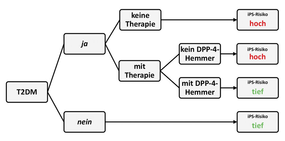 Abb. 1: Grafische Synopsis der Studienresultate von Brauer et al. (13): Mithilfe einer umfangreichen britischen Patientendatenbank wurde das Risiko für ein iPS in Relation zur Diagnose eines T2DM und zur Art der Diabetesbehandlung berechnet. DPP-4-Hemmer schützen T2DM-Betroffene vor einem iPS. Es wurde analog dazu auch eine protektive Wirkung bei einer Therapie mit GLP-1-RA festgestellt [14].
