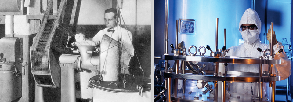 Extraktion von Insulin aus Tierpankreata im Jahr 1923 (links). Moderne Reinigung rekombinanten Insulins aus Hefezellen (rechts).