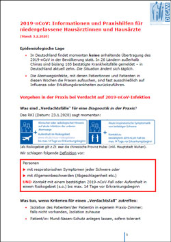 12019-nCoV: Informationen und Praxishilfen für niedergelassene Hausärztinnen und Hausärzte (DEGAM; 03.02.2020).